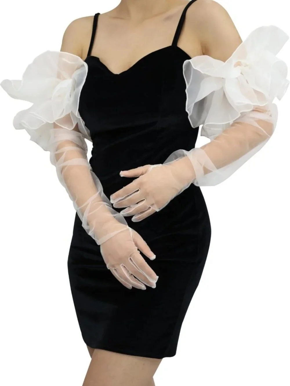 Oversized Sheer Long Tulle Mesh Gloves for Women - Elegant Fashion Accessory